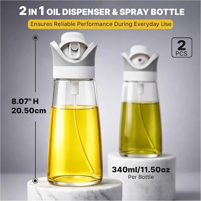 2 In 1 Oil Dispenser And Spray Bottles, Two pack 11.5 Oz Bottles, Glass Olive Oil Sprayer For Cooking, Baking, Air Fryer, Salad And BBQ, Controlled Pour And Spray