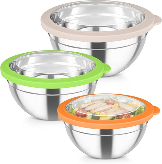 TeamFar Mixing Bowls, 4.5/3/1.5 QT Stainless Steel Nesting Salad Bowls with Airtight Lids, For Serving/Mixing/Storing/Prepping, Non-Toxic & Sturdy, Visible & Easy Clean, Multi-Color, Set of 3
