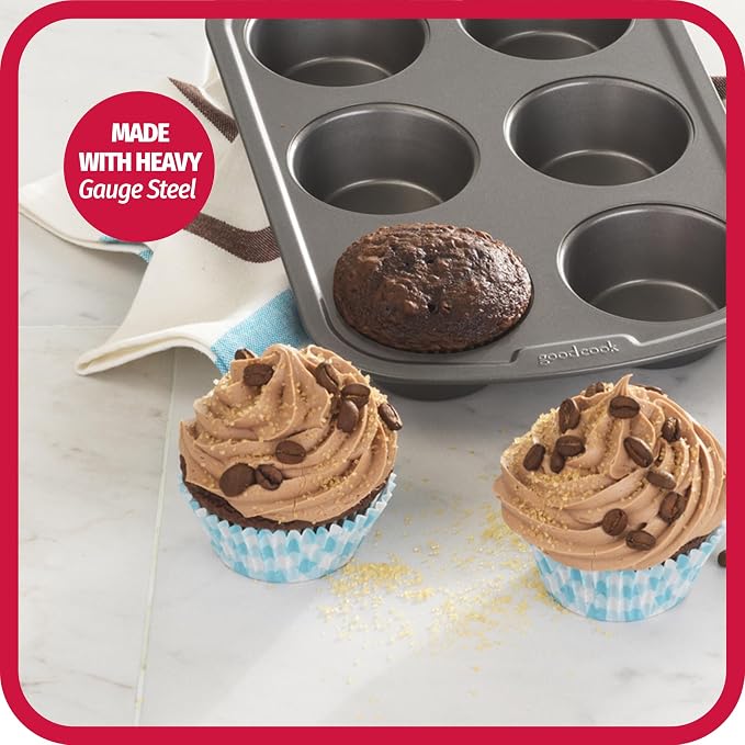 GoodCook Everyday Muffin Pan Nonstick Warp-Resistant Carbon Steel Construction, Gray 6 Cups (Pack of 12)