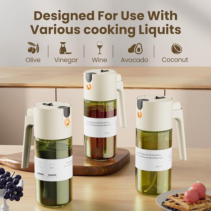 LAKUMIQI 2 in 1 Oil Sprayer for Cooking, 17oz | Light-Blocking Glass Spray Bottle with Stickers, Oil Dispenser for Salad, Air Fryer & BBQ