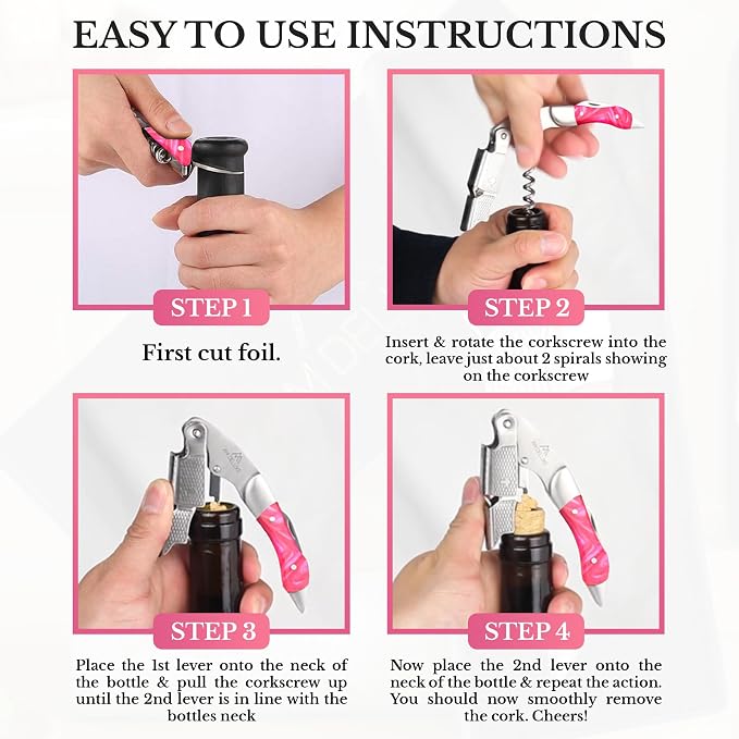 Waiters Corkscrew Wine Opener - Double-Hinged Fulcrum 3-In-1 Cork Screw Wine Bottle Opener Heavy Duty Stainless Steel & Resin Flamingo. Serrated Foil Cutter. Beer Opener. Magnetic Gift Box