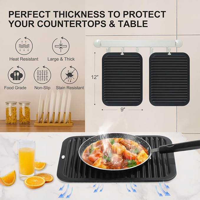 9"x12" Heat Resistant Silicone Trivets for Hot Pots and Pans, Hot Dishes | 2 PCS Large Multipurpose Non Slip Pot Holders Hot Pads Mats for Kitchen Countertop Table, Food Grade & BPA Free, Black