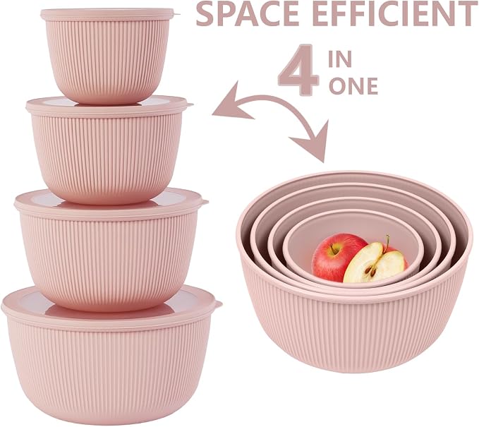 BoxedHome 4.97 Quarts Mixing Bowls with Lids Set, 4 Packs BPA-Free Plastic Prep Bowls for Kitchen, Dishwasher & Microwave Safe, Pink