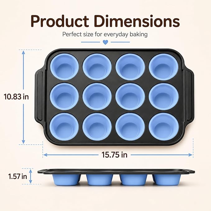 2 Pack Silicone Muffin Pans for Baking, 12-Cup Muffin Tin with Metal Frame | 2 Pack value, 12-Cup muffin pans, Reinforced metal frame, Easy release cups, Nonstick silicone, Oven & dishwasher safe