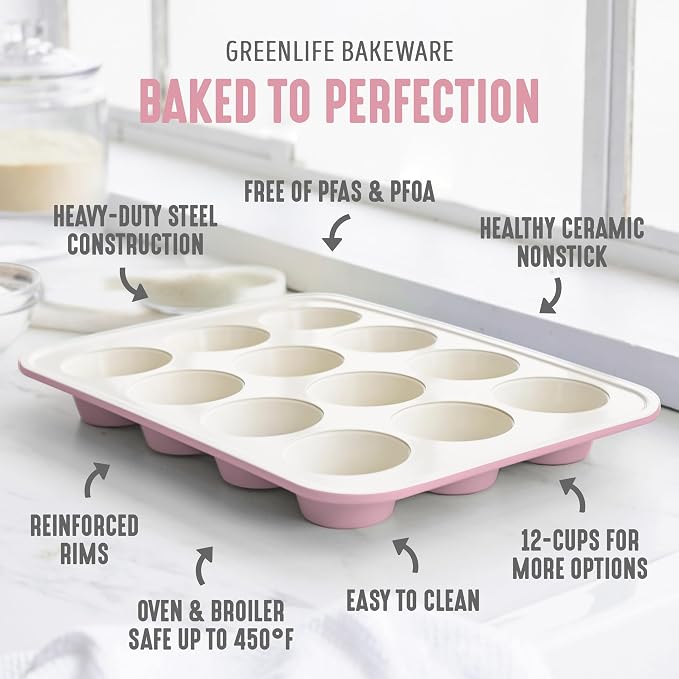 GreenLife 12 Cup Ceramic Nonstick Muffin Pan, Pink