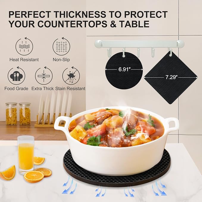 4 PCS Heat Resistant Silicone Trivet Mats for Hot Dishes, Hot Pots and Pans | Multipurpose Non-Slip Pot Holders Hot Pads Coasters for Kitchen, Countertop, Table, Thick Round Square Trivet, Black