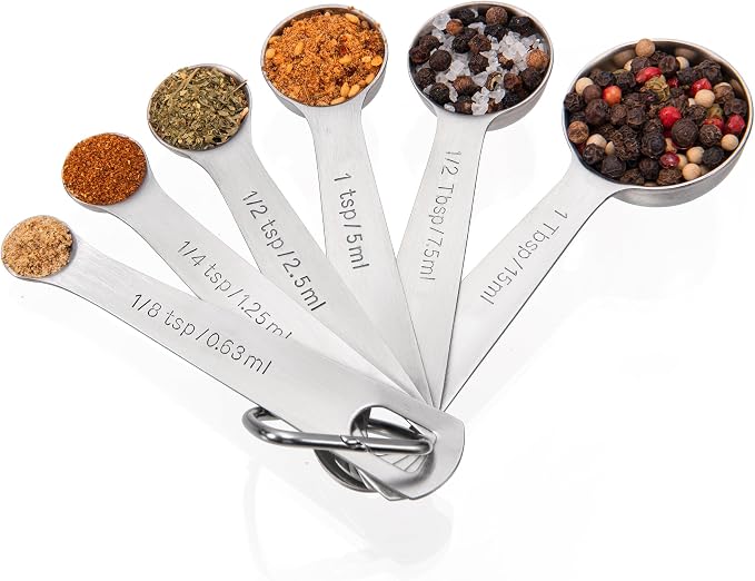 Doosu Measuring Spoons Set of 6-18/8 Stainless Steel Heavy Duty Teaspoons Tablespoons with Engraved Metric & US Measurements, Metal Measure Spoon for Dry and Liquid Ingredients, Dishwasher Safe