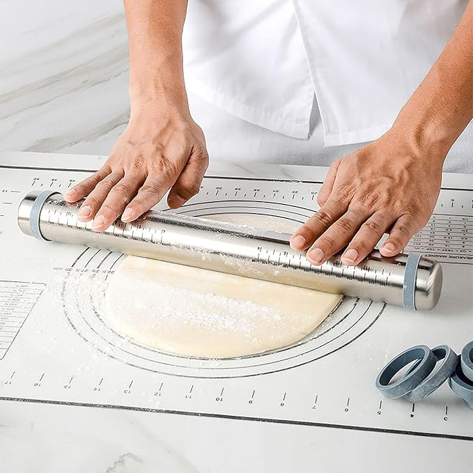 Rolling Pin & Silicone Baking Pastry Mat & Dough Pastry Bench Cutter Scraper Set, Rolling Pins with Adjustable Thickness Rings, for Baking Dough, Pizza, Pie, Pastries, Pasta, Cookies