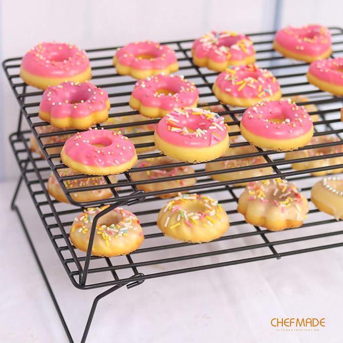 CHEFMADE Baking and Cooling Rack Set, 13.5-Inch 3-Tier Non-Stick Stackable Collapsible Rectangle Wire Rack for Oven Baking (Black)