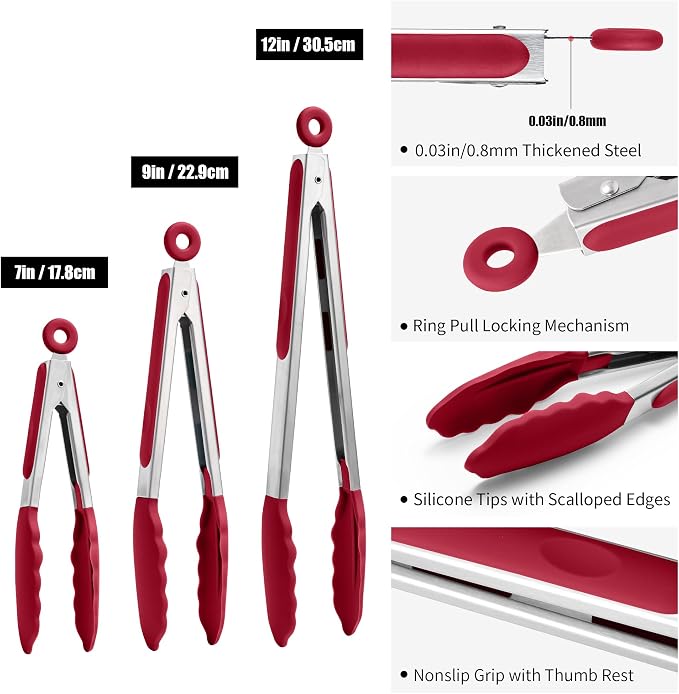 Doosu Kitchen Tongs for Cooking - 600°F Heat Resistant Food Tong Set with Non-Scratch Silicone Tips, Heavy Duty Stainless Steel Locking Tong for BBQ, Grilling Steak, Serving Salad (7+9+12in, Red)