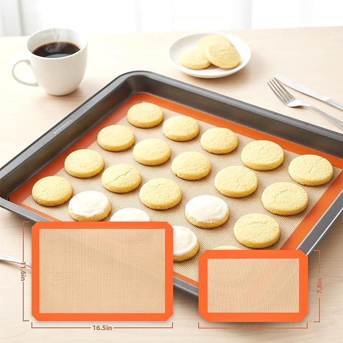 2 Half & 1 Quarter Silicone Baking Mat, Baking Sheets | Non Stick, Silicone Mats for Baking, Baking Supplies for Cookies, Bread & Pastry, Heat-Resistant & Reusable, Orange