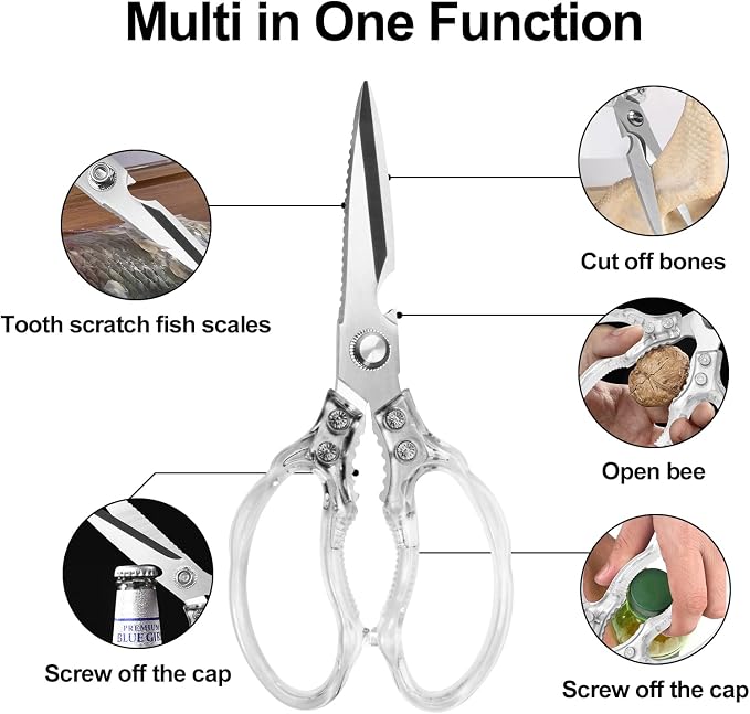 CGBE Kitchen Scissors, Multi-Purpose Kitchen Shears, Heavy Duty Food Scissors for Chicken, Poultry, Fish, Meat & Herbs with Non-Slip Grips (Transparent)