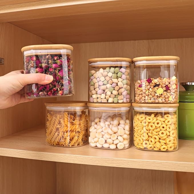 6pcs Glass Food Storage Containers with Bamboo Lids, 0.6qt Glass Jars | Square Airtight Pantry Storage Jars for Flour, Sugar, Dry Goods