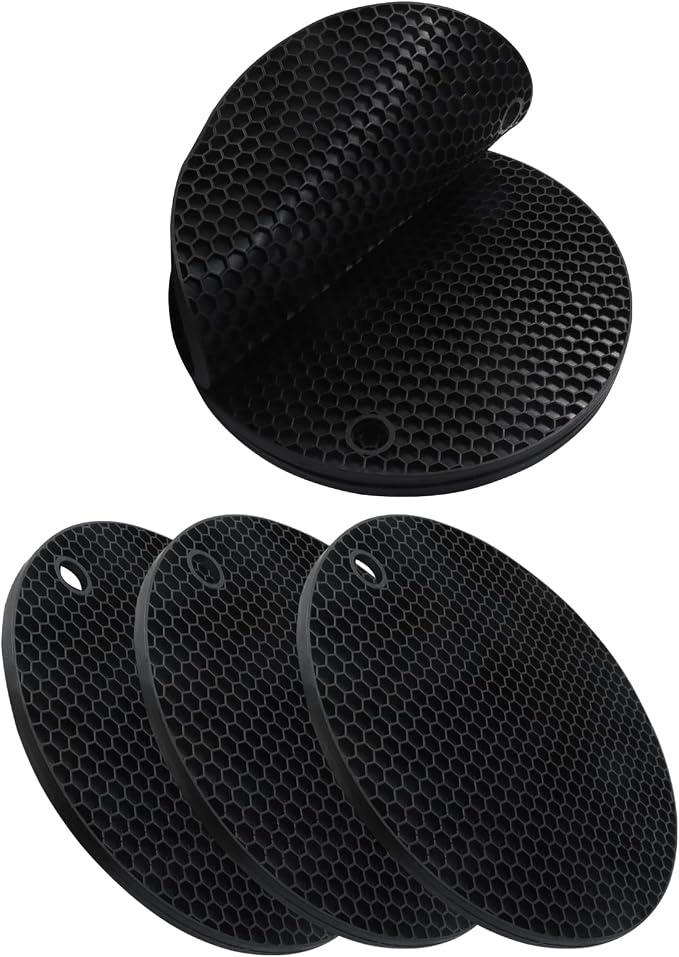 Silicone Trivet Mat, 6Pcs, Black | Non Slip, Heat Resistant, Extra Thick, Large, Multipurpose
