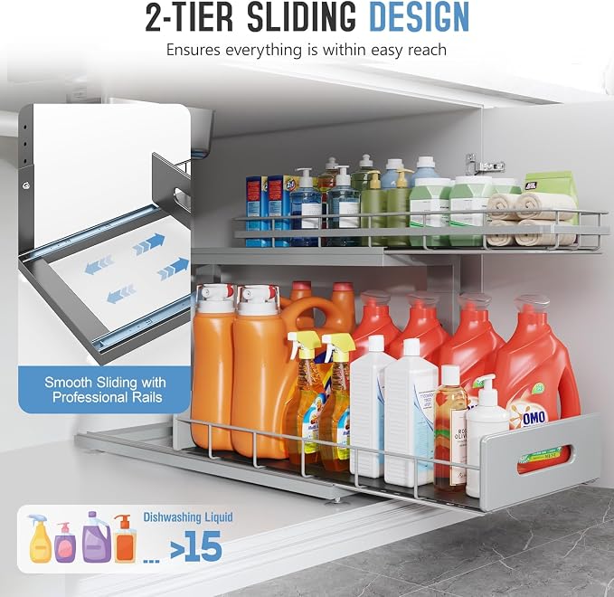 Under Sink Organizer Upgrade To Professional Rails,2-Tier Dual Pull Out Cabinet Storage,Height Adjustable Slide Out Drawers For Bathroom Kitchen,2 Pack-21"Dx12.8"-16.9"H,Gun Gray