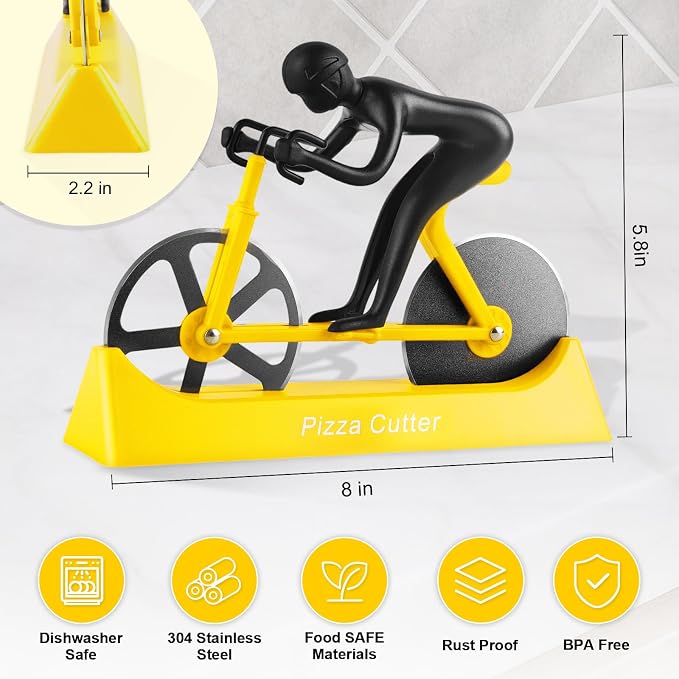 Bike Pizza Cutter,Bicycle Pizza Slicer,Stainless Steel Pizza Cutter Wheels with Stand,Unique Kitchen Gadget,Gifts for Cyclists Men,Cool Men’s Gift