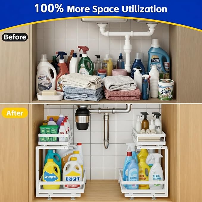 2-Tier Metal L-Shaped Pull-Out Under Sink Organizer, White, 2 Pack | 2 complete sets; ball-bearing slides; 6-level height; no-drill setup