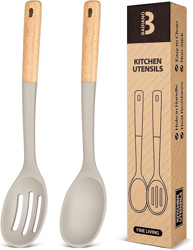 Silicone Cooking Spoons, Great for Scooping Sides and Serving Hearty Stews, BPA-Free Matte Silicone, Wooden Handle Serving Spoon for Nonstick Cooking Surfaces (Khaki)