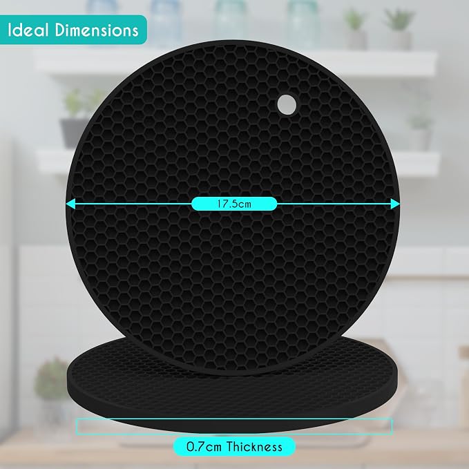 4 Pcs Thick Trivets for Hot Dishes, Non Slip Hot Pot Holders, Kitchen Heat Resistant Silicone Pad, Extra Thick, Large. (Black)