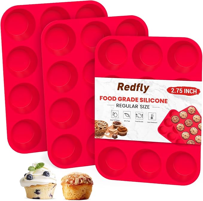 Redfly 3 Pack Silicone Muffin Pans for Baking & Cupcake Pan - 12 Cup Regular Size Silicone Molds, BPA Free Egg Bites Mold