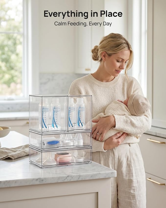 Vtopmart Clear Stackable Storage Drawers Set of 4, Baby Bottle Organizer | Plastic Organizer Bins for Makeup, Cosmetics, Beauty Supplies,Ideal for Vanity, Bathroom,Cabinet,Pantry Organization