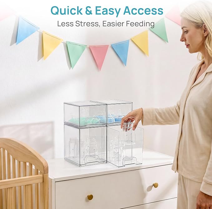 Vtopmart Clear Stackable Storage Drawers Set of 4, Baby Bottle Organizer | Multi-purpose Plastic Boxes Ideal for Kichen Countertop, Vanity, Bathroom, Cabinet, Pantry Organization