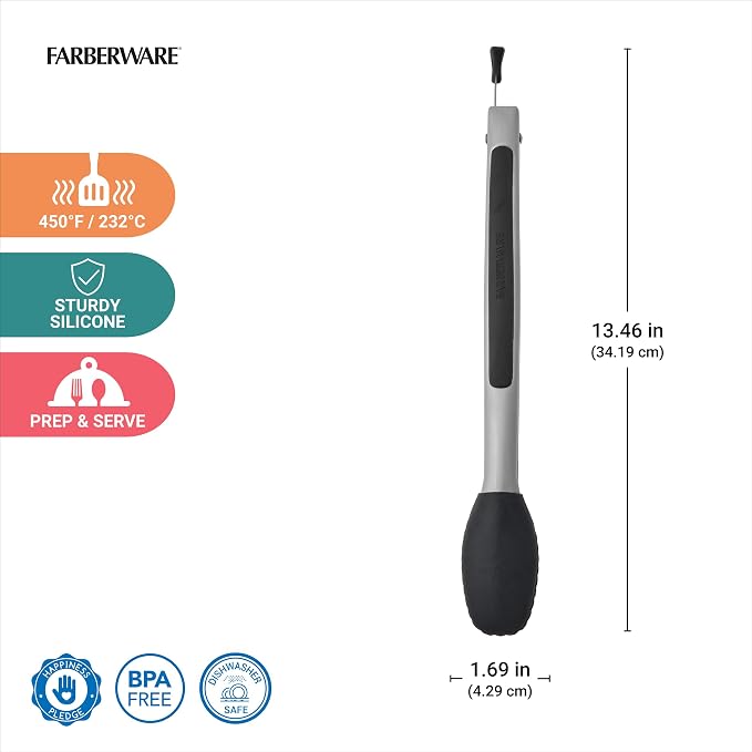 Farberware Pro Silicone Head Locking Kitchen Tongs 12 Inch - Cooking Tongs with Scalloped Tips, Ergonomic Grip, Heat Safe to 450F - Dishwasher Safe Tongs for Cooking, Grilling, Serving