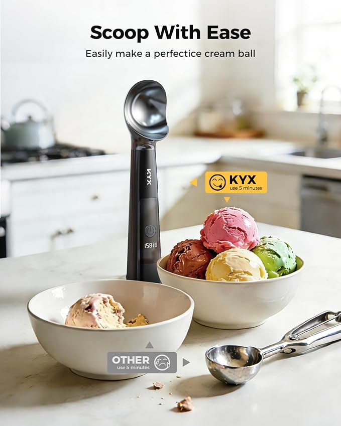 KYX Heated Ice Cream Scoop Rechargeable, Electric Ice Cream Scoop with 3-Level Heat 95-158°F, LED Display, IPX6 Waterproof, 3200mAh Battery, Easy Scoop for Hard Ice Cream, Gelato & Frozen Desserts