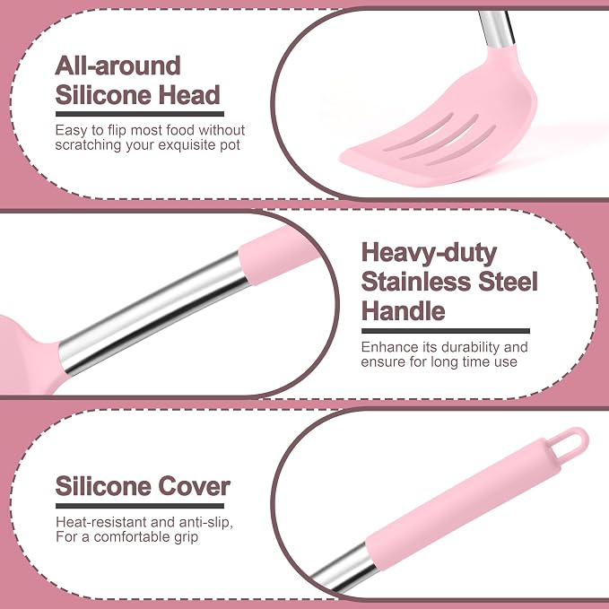 P&P CHEF Pink Kitchen Cooking Utensil Set of 4, Silicone Solid Spatulas Slotted Spoons Turners for Non-stick Cookware Flipping Mixing, Heat-proof