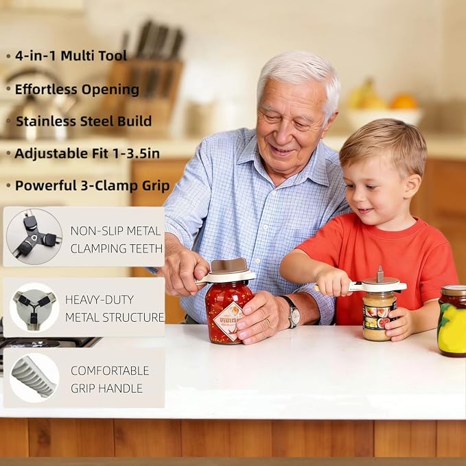 4-in-1 Adjustable Jar Opener, Universal Lid Remover with Non-Slip Handle, Kitchen Can Bottle Gripper Tool