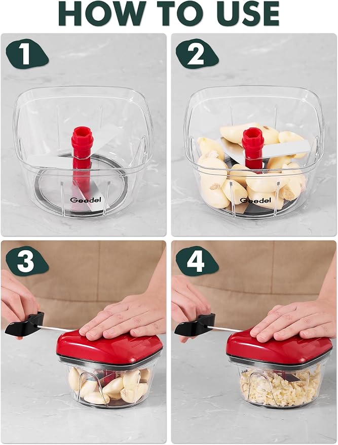 Manual Food Processor Vegetable Cutter, Geedel Pull Chopper with String, Food Chopper Vegetable Cutter for Veggies, Fruits, Salad, Onion, Nuts, Herbs, etc, 2 Cup(500ml), Red