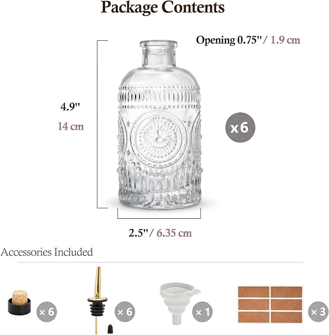 Kingrol Embossed Glass Olive Oil Dispenser Set - 6 Pack 7 oz Clear Bottles with Non-Drip Pour Spouts, Labels & Funnel for Oil, Vinegar & Dressing Organization