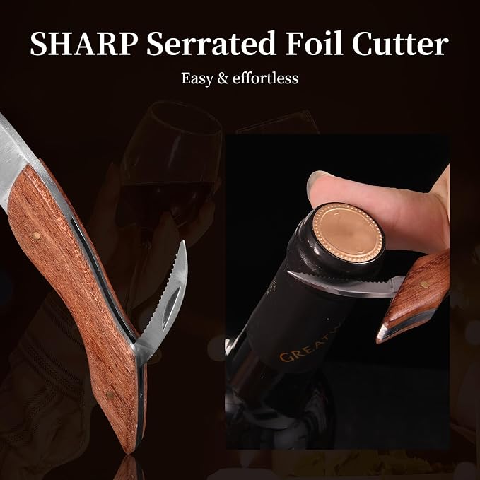 Wine Opener, Wine key, Corkscrew, Wine Bottle Opener w/Foil Cutter and Cap Remover for Servers, Bartenders, Waiters, Sommelier, Wine lover (Grape leaf patterned rosewood, Standard)