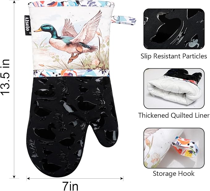 Alselo Oven Mitts, Heat Resistant with Soft Quilted Cotton Lining Set of 2, Fashion Duck Design with Silicone Printing Anti-Slip Kitchen Gloves for Safe Backing Cooking Barbecue (Darkgray, Duck)