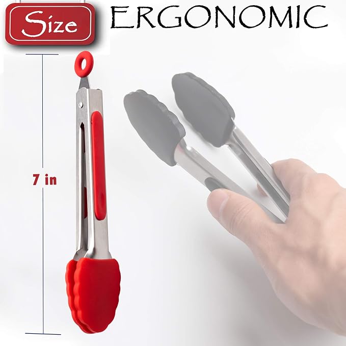 Kitchen Tongs Set 7-Inch Mini Small Tongs Heavy Duty Colorful Stainless Steel Silicone Cooking Tongs with Non-Stick Silicone Tips for Food, Serving, BBQ, Salad, Grilling and More (Multi-Color × 5)