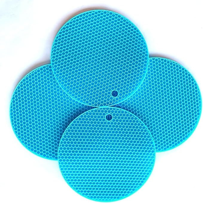 7-Inch Round Silicone Trivet Mats - 4-Pack Non-Slip Heat Resistant Hot Pads for Kitchen Countertops, Pots and Pans (Blue)