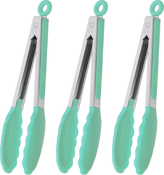 HINMAY 9" Kitchen Cooking Tongs with Silicone Tips, Set of 3 (Mint)