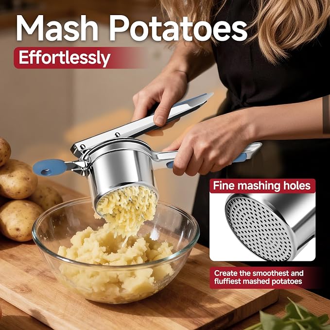 Potato Ricer for Mashed Potatoes-Stainless Steel 15oz | Large Capacity,All Clad,Heavy Duty,Ergonomic Handle for Spaetzle,Oranges, Lemons, Pumpkins, Carrots, Avocados(BLUE)