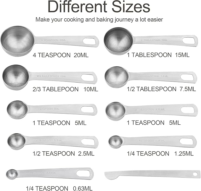 Measuring Spoons Set 10, 18/8 Stainless Steel Measuring Spoons Set with Leveler, Metric & US Measurer Spoons Set for Baking & Kitchen, Heavy Duty Measuring Spoons with 10ml & 20ml Teaspoon