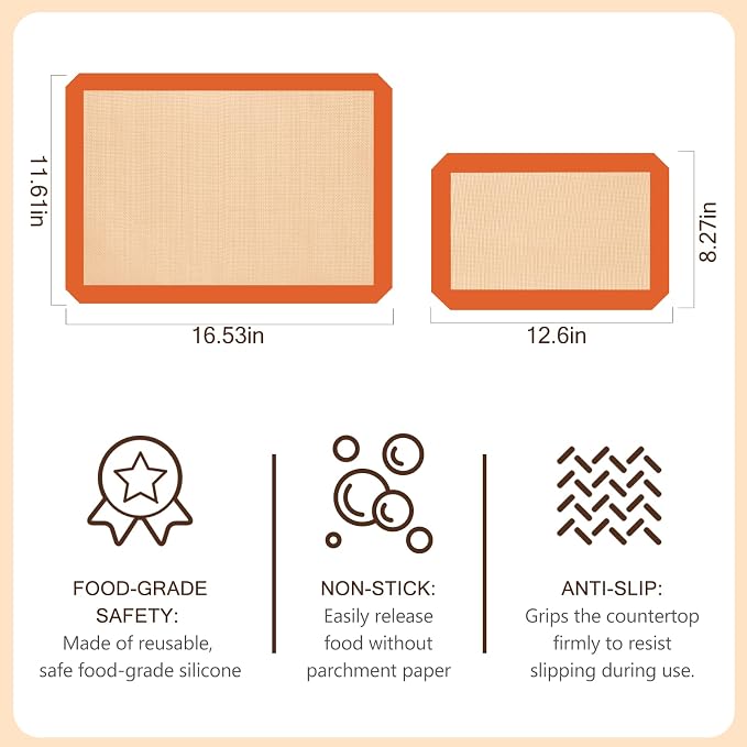 Silicone Baking Mat Set of 3, Non-Stick 2 Half & 1 Quarter Sheets | Dishwasher Safe, Reusable Baking Supplies for Cookies, Bread, Pastries & Dough, Orange