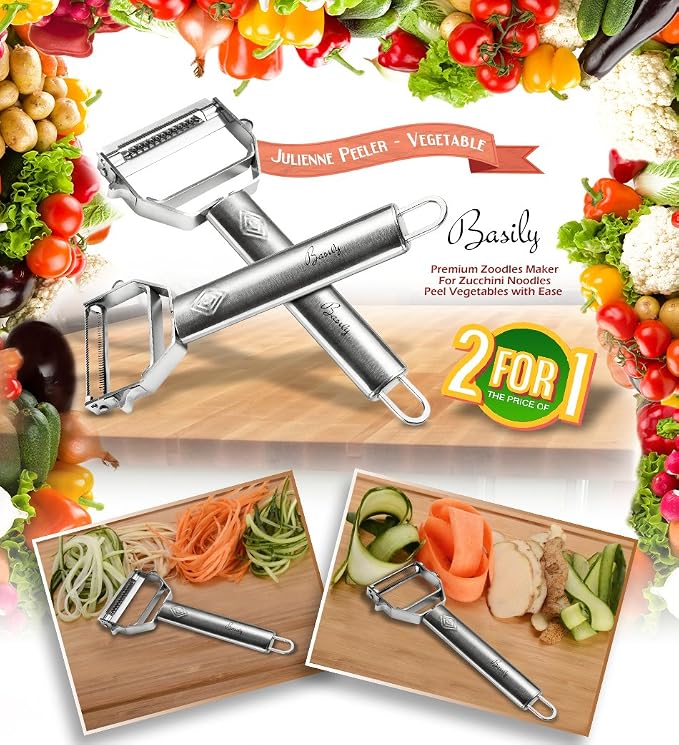Basily Premium Julienne and Serrated Stainless Steel Peeler - Set of 2