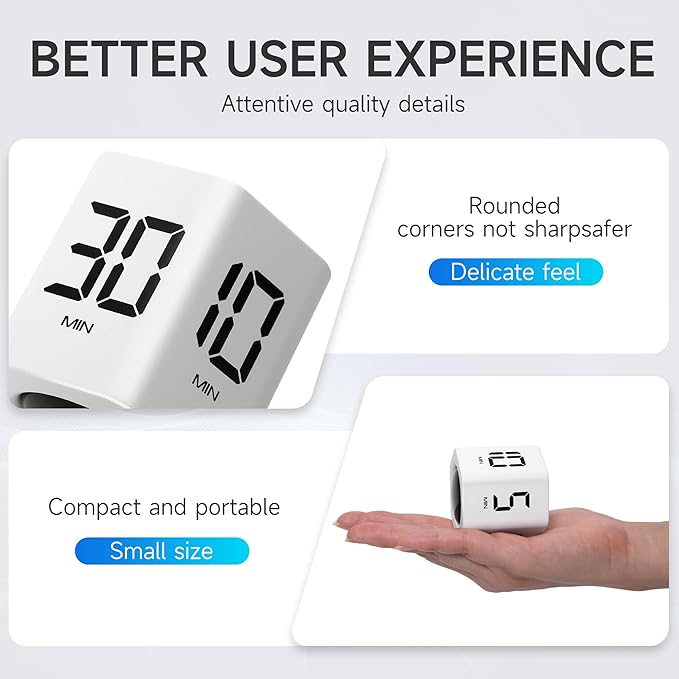 Productivity Timer 1, 5, 10, 30, 60 Minutes Preset, Desk Cube Timer with Gravity Sensor/Mute/Vibration for ADHD, Work, Study, Kitchen, Back to School (White)