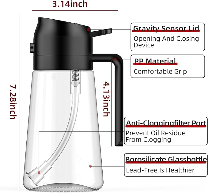 Oil Sprayer for Cooking,2 in 1 Olive Oil Dispenser Bottle for Kitchen,16oz/470ml Spray & Pour Oil Dispenser Bottle,Glass Olive Oil Spritzer,Food-grade Oil Mister for Air Fryer,Salad,Frying,BBQ (Black)