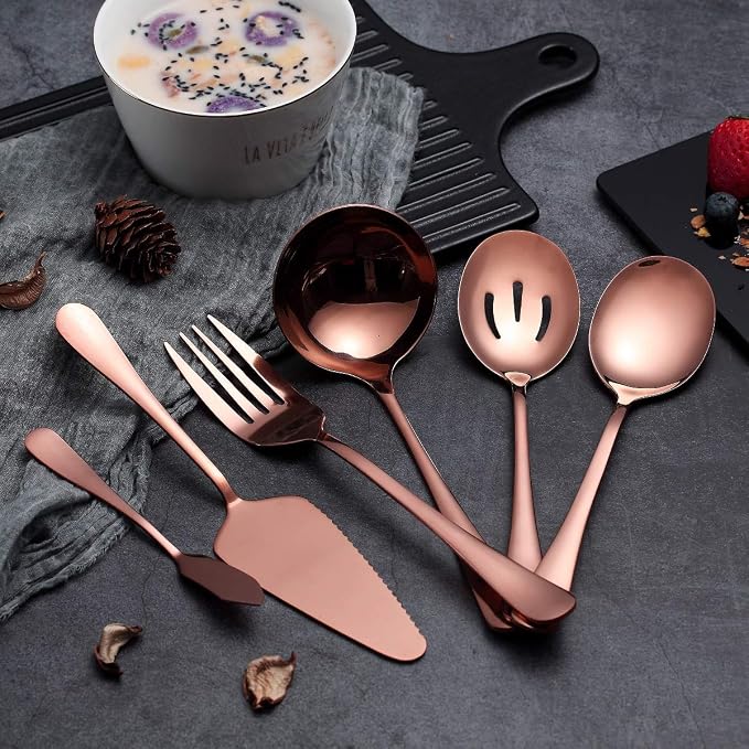 6-Piece Copper Serving Flatware Silverware Set,Stainless Steel Serving Utensil Set,Include Cake Server, Slotted Serving Spoon, Serving Spoon, Cold Meat Fork, Butter Knife, Soup Ladle