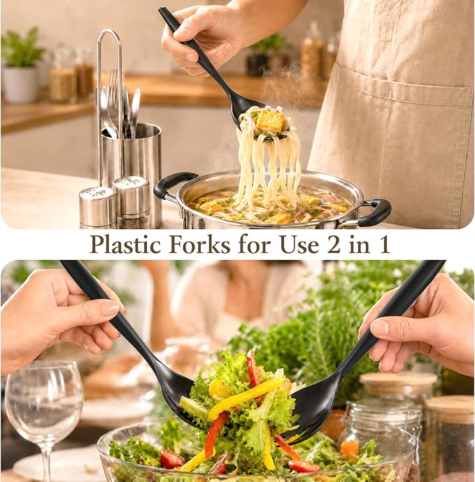 Mwellewm 36Pcs Plastic Serving Utensils Set Large Disposable Serving Spoons Forks Tongs for Serving Food Heavy Duty Black Large Party Utensils Supplies for Buffet Restaurant Dinner Salad Soup