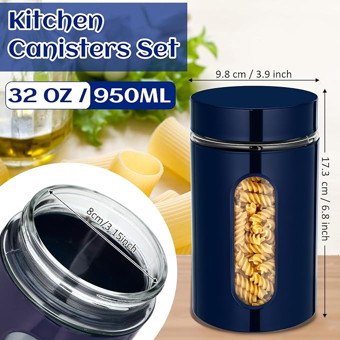 6 Pack Kitchen Canisters Set Airtight Coffee Sugar Tea Storage Jars with Window Glass Stainless Steel Containers with Lids for Flour Cookies Spices Grains Kitchen Decorations (Navy Blue,32 oz)