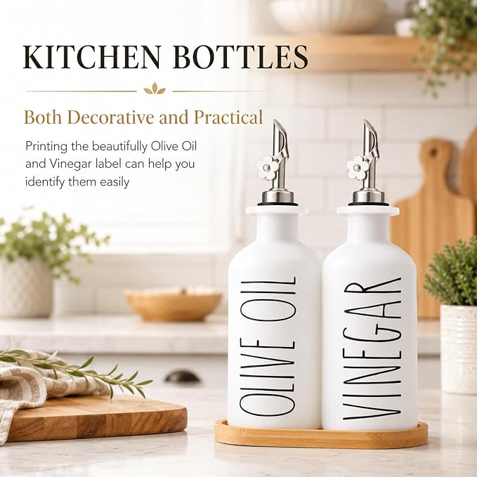 HOMCDALY Premium Olive Oil Dispenser for Kitchen, 11.8oz Glass Oil Bottles with Bamboo Tray, White Oil&Vinegar Cruet Set, Kitchen Dispenser Bottles with Pourer| Set of 2 (11.8oz –P–White)