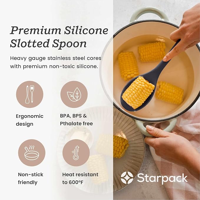 Starpack 'Let it Drain' XL Silicone Slotted Spoon(13.5 Inches) - Large Slotted Spoon for Cooking Heat Resistant to 600°F - Silicone Slotted Serving Spoons, Non Stick Slotted Cooking Spoon