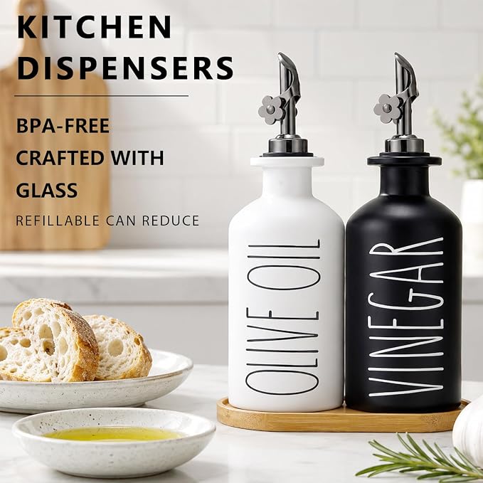 HOMCDALY Premium Olive Oil Dispenser for Kitchen, 11.8oz Glass Oil Bottles with Bamboo Tray, Oil&Vinegar Cruet Set, Kitchen Dispenser Bottles with Pourer | Set of 2 (11.8oz –P–Black&White)