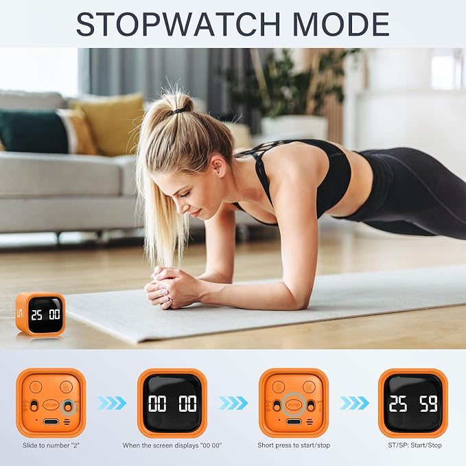 Rotating Pomodoro Timer 5, 25, 10 50 Minutes Preset, Desk Productivity Flip Timer, ADHD Tool Cube Countdown Stopwatch, Vibration/High/Low Volume/Custom Modes, for Work, Study, Back to School, Orange